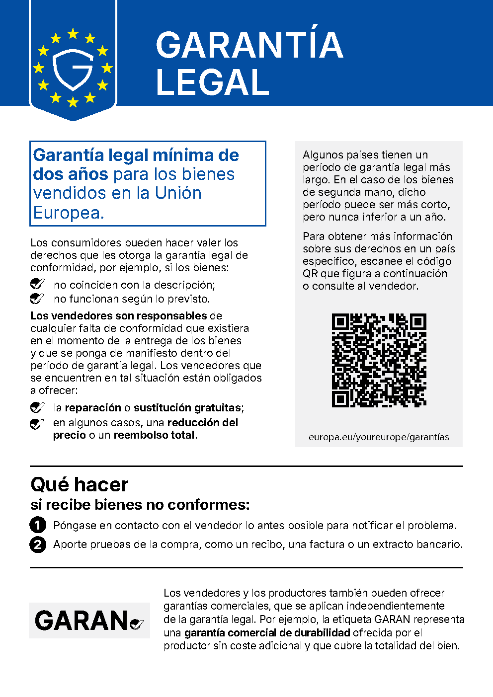 Aviso de garantía legal armonizada de la UE
